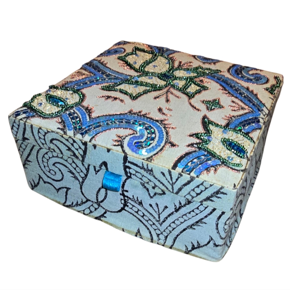 Embroidered Jewelry Box with Blue and Green Accents